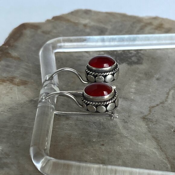 Sterling Silver 925 Oval Bezel Set Garnet Cabochon Dangle Drop Earrings - Picture 4 of 16